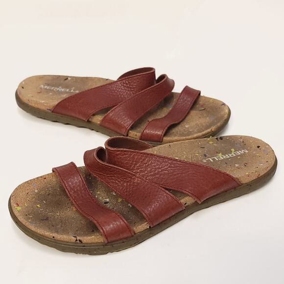 Merrell Shoes - Merrell Sandal Size 7 Women's Nappa Valley Slide Cork Leather Rust Brown Sandals